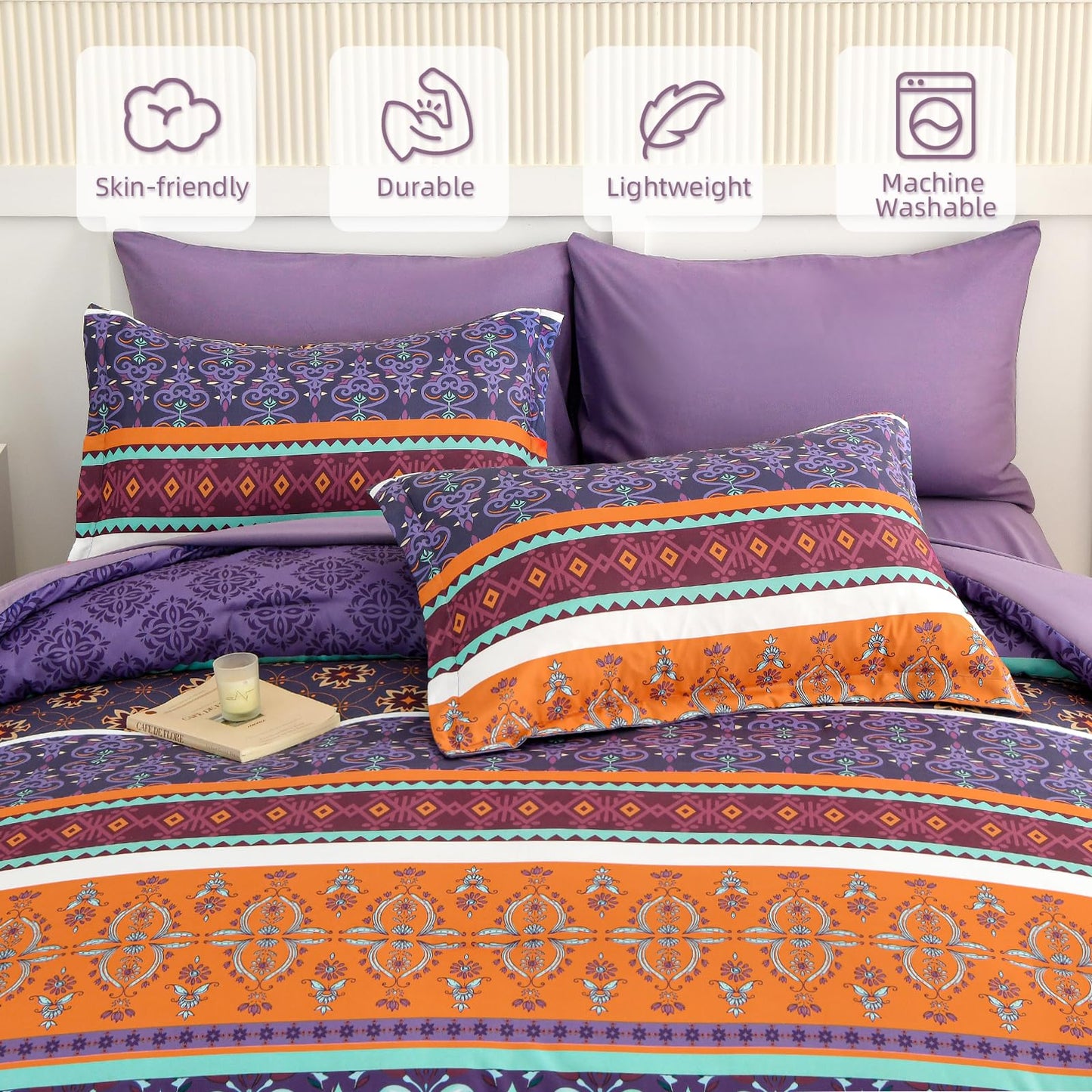 WONGS BEDDING Boho Comforter Set King Size,7 Pieces Bohemian Striped Bedding Comforter Set Bed in a Bag,Purple Paisley Floral Comfortet and Sheet Set,Soft Microfiber Bedding Sets for All Season