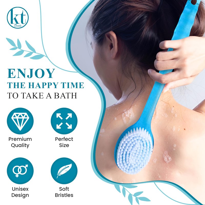 2 Pack Bath Body Brush Long Handle Back Shower Brush Exfoliating Back, Body, and Feet Scrubber Soft Nylon Bristles (Blue & Green)