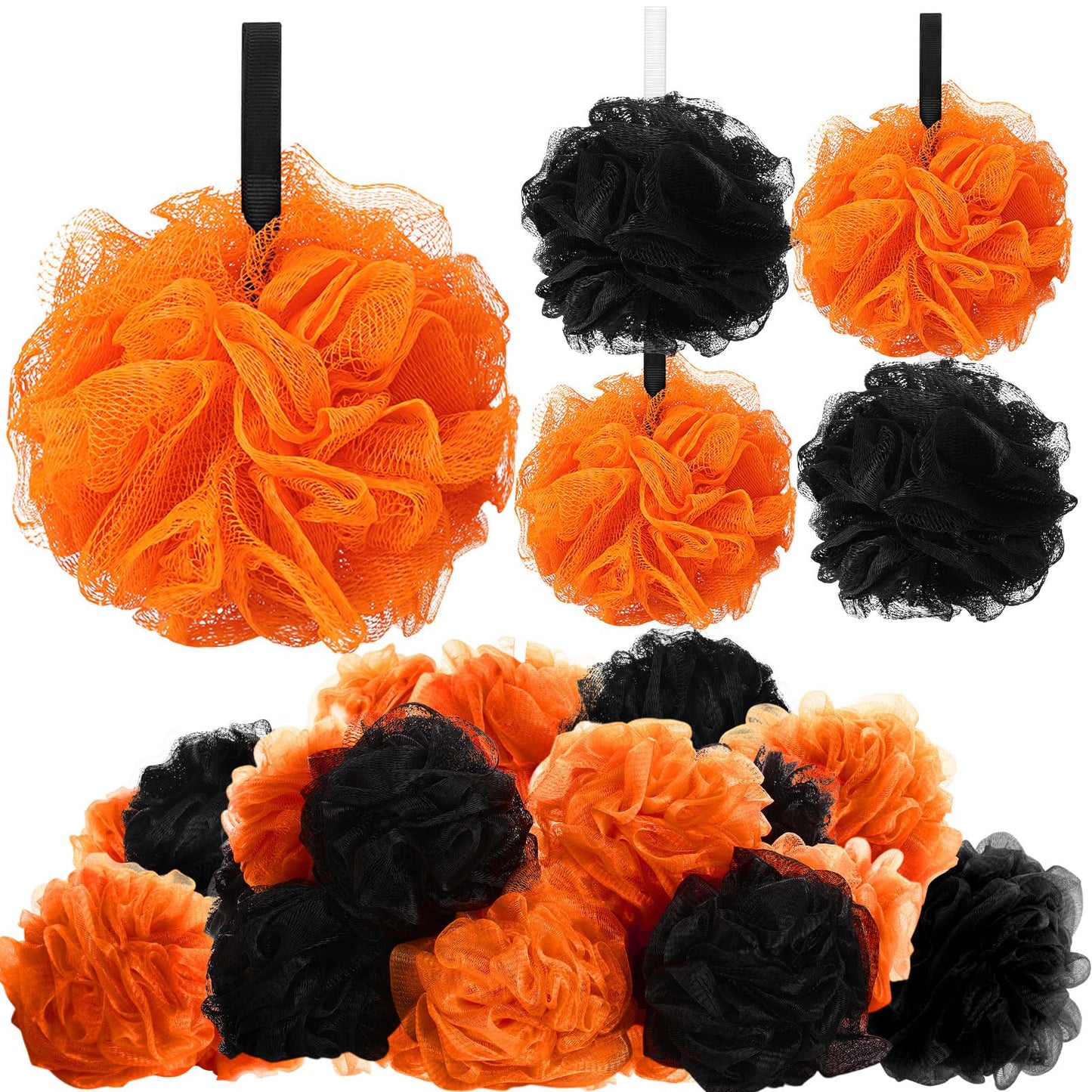 FuWeave 24 Pcs Bath Loofah Sponge Loofah Exfoliating Body Scrubber Shower Sponge 50g Mesh Pouf Balls Gift Basket for Baby Shower Women Men Bathing Accessories Wedding Gift Bucket(Orange,Black)