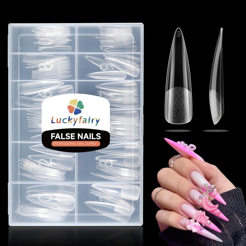 Luckyfairy XXL Stiletto Nail Tips 120 Pcs Full Cover Pre-buff Stiletto Gel Press On Nails Flat Tips for Acrylic Nails for Home DIY Nail Extensions 12 Sizes