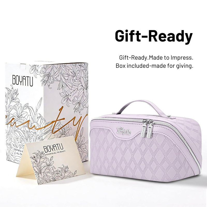 BOYATU Travel Makeup Bag for Women: Large Capacity 3-Piece Quilted Cosmetic & Toiletry Organizer - 2 Detachable Pouches Expand Storage by 50%, Open Flat for Easy Packing, Waterproof PU Leather(Purple)