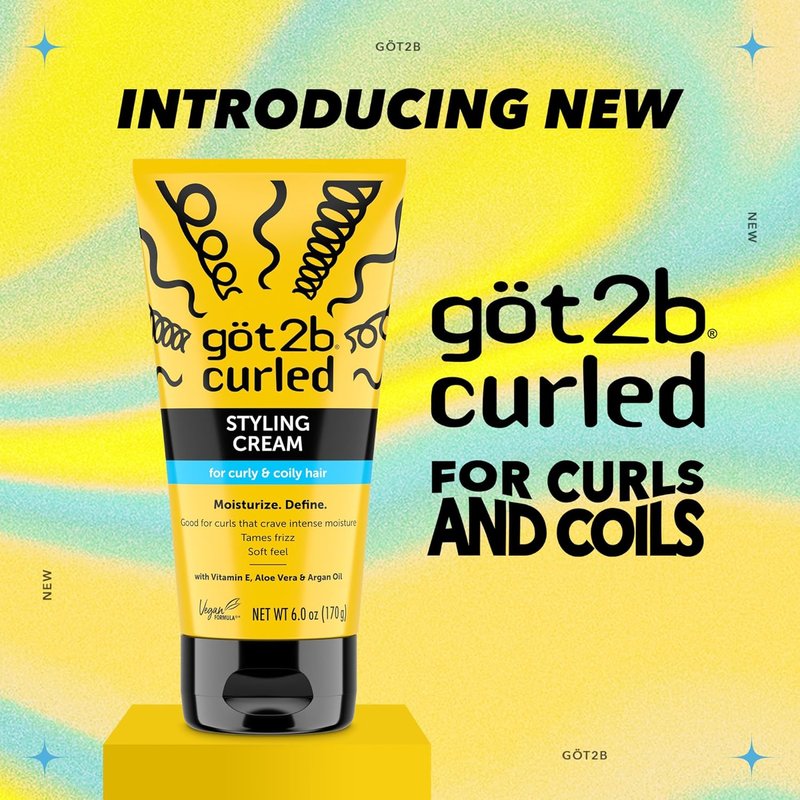 Got2B Curled Styling Cream - 6 Fl Oz Curl Defining & Moisturizing Formula for Coily & Curly Hair | Frizz Control with Vitamin E, Aloe Vera & Argan Oil