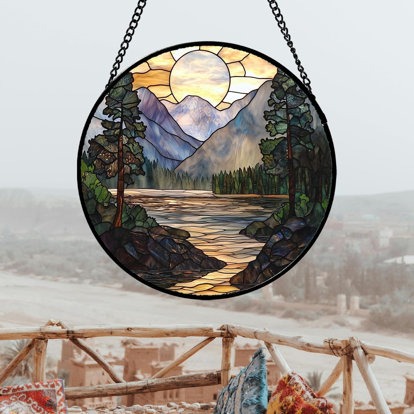 AMDERVEN Stained Glass Window Hanging, Sunset Mountains Lake Tree Sun Catcher for Window Home Decor Landscape Suncatcher Mother's Day Birthday Gifts for Women Men Mom and Nana 15 in