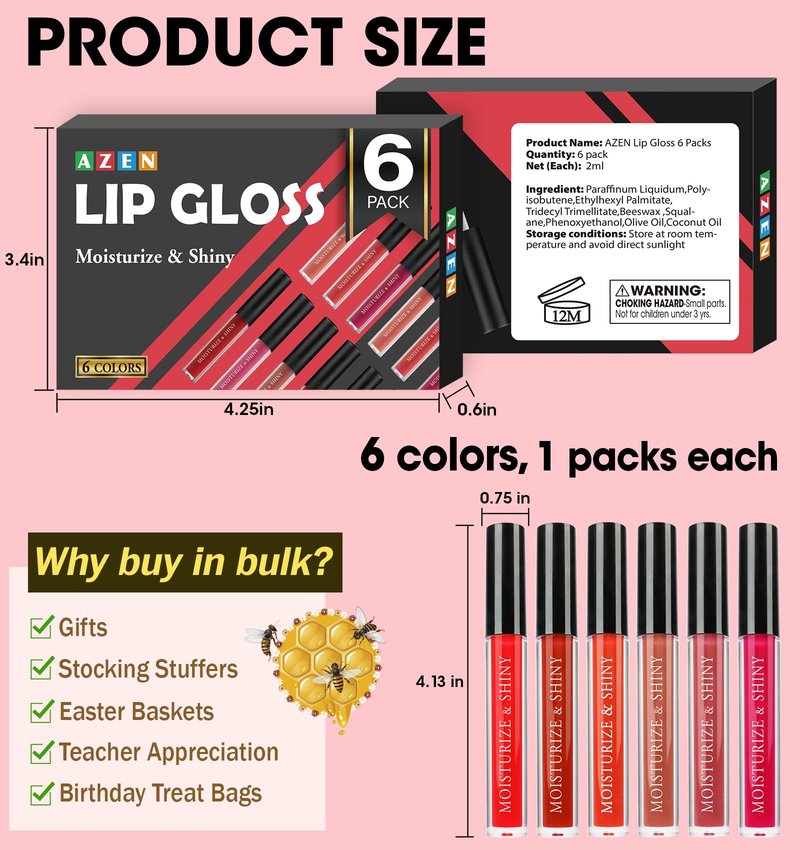 AZEN 6 Pack Lip Gloss Bulk Set, Shimmery Lip Gloss for Women and Girls With Rich Varied Colors, Mothers Day Gifts for Women