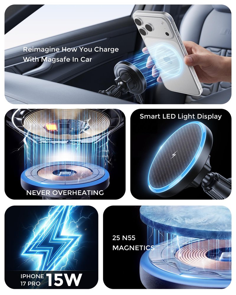 Estbuc 2-in-1 15W Magsafe Car Mount Charger, Magnetic Wireless Car Charger, 360° Dashboard & Air Vent Phone Mount, Phone Holders for Your Car, Car Accessories for Men Women for iPhone 17-12