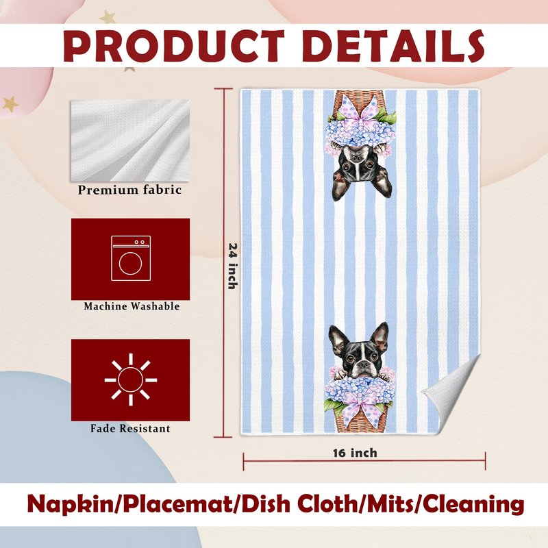 awdschkj Rustic Hydrangea French Bulldog Kitchen Towels, Gifts for French Bulldog Lovers Dish Tea Towels, Blue Striped Chinoiserie Floral Frenchie Dog Decorative Hand Towel for Bathroom, 16x24 Inches