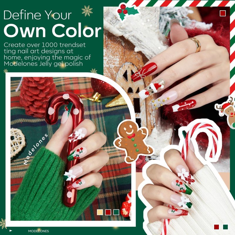 modelones Gel Nail Polish Set, 6 ColorsSparkle Dark Green Red Silver Champagne Rose Gold Glitter Gel Polish Kit New Year Soak Off Nail Art Manicure Salon DIY Home Gift