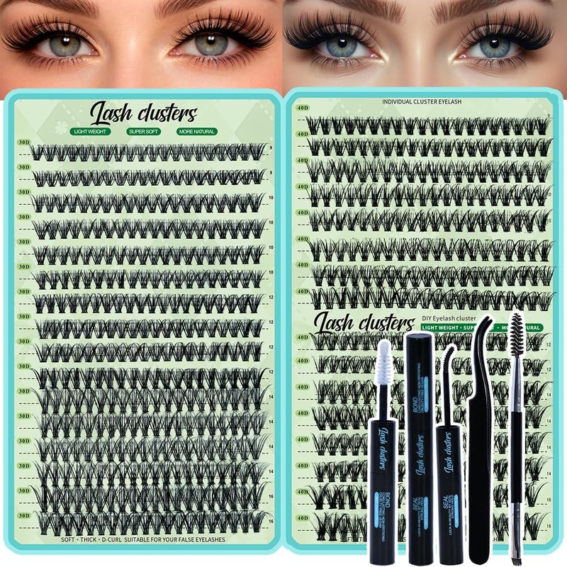 FebFeb Lash Clusters Kit 640pcs Wispy Lash Clusters 30D+40D Eyelash Clusters D Curl Individual Lash Extensions Natural 9-16mm with Bond & Seal, Brush, Tweezers