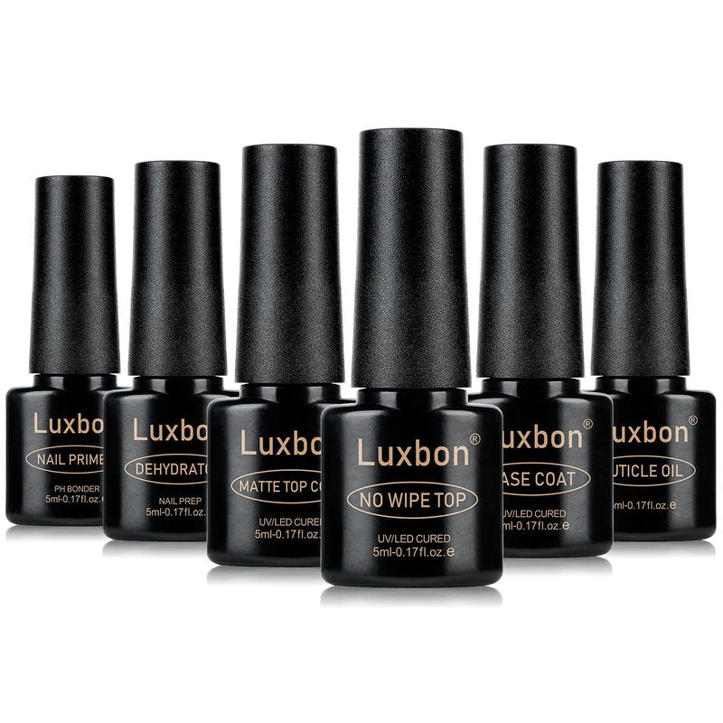 Luxbon Gel Nail Set - 6 Pcs No Wipe Top & Base Coats with Cuticle Oil & Matte Finish | Long Lasting Shine