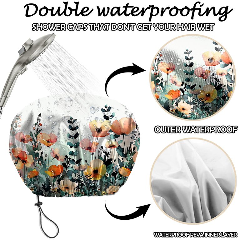 Deokke 2 PCS Shower Cap Reusable Waterproof Adjustable Double Layer Elastic Dry Hair Bathing Caps Aesthetic Cute for Women Girls-Heart Flower
