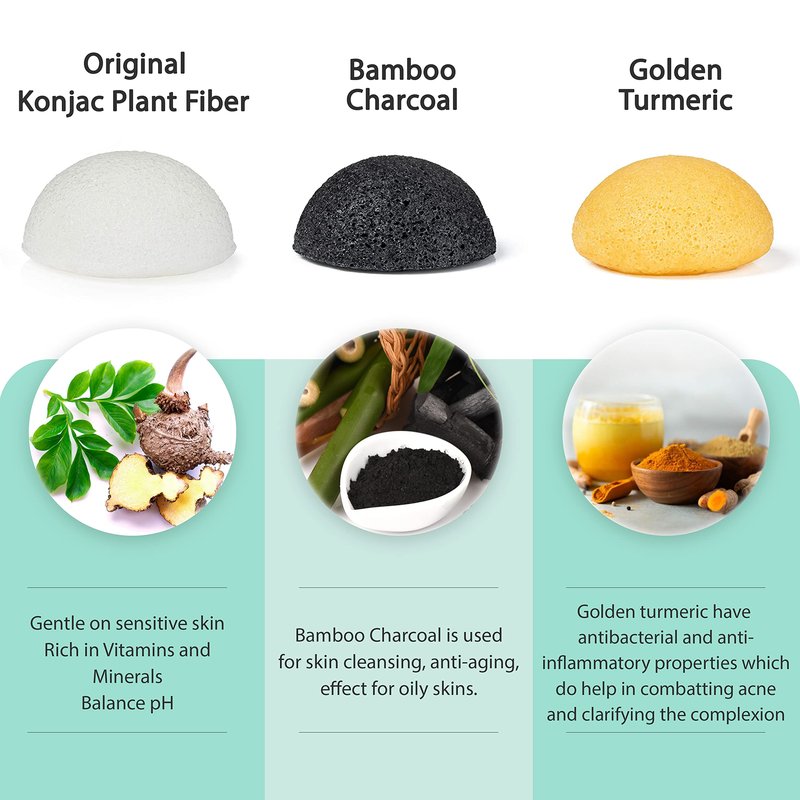 pureSOL Konjac Sponges - Activated Charcoal - Facial Sponge, 100% Natural Sponges, Eco-Friendly - Great for Acne, Exfoliating