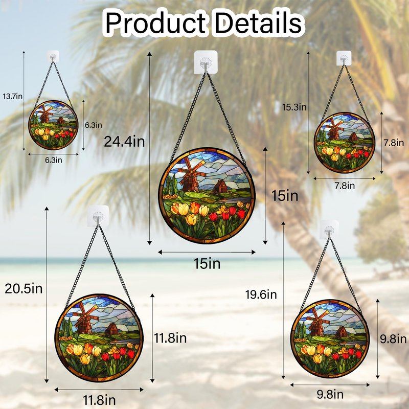 QZQCBLC Stained Glass Window Hanging Tulip Windmill Farm Landscape 6.3" - Flower Suncatcher Door Garden Sun Catcher Decor Birthday Christmas for Mom Woman Nana Friend Wife
