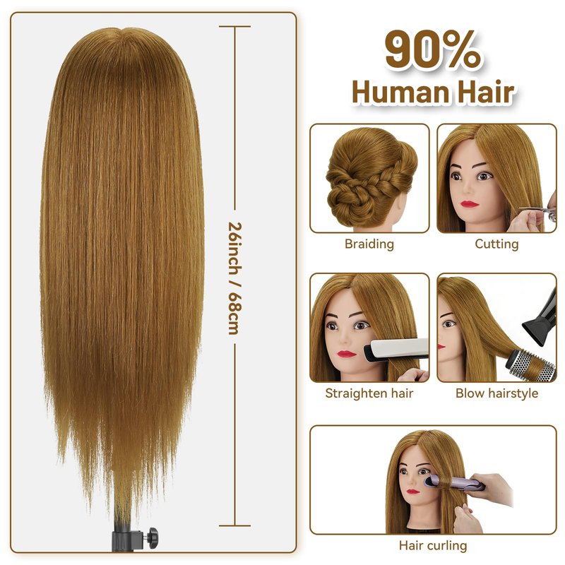 Mannequin Head with 90% Human Hair,26"-28" Hair Doll Head for Cosmetology & Hairdresser,Real Hair Manikin Doll Styling Head,Hairdressing Training braiding Head with Table Clamp+Styling Set