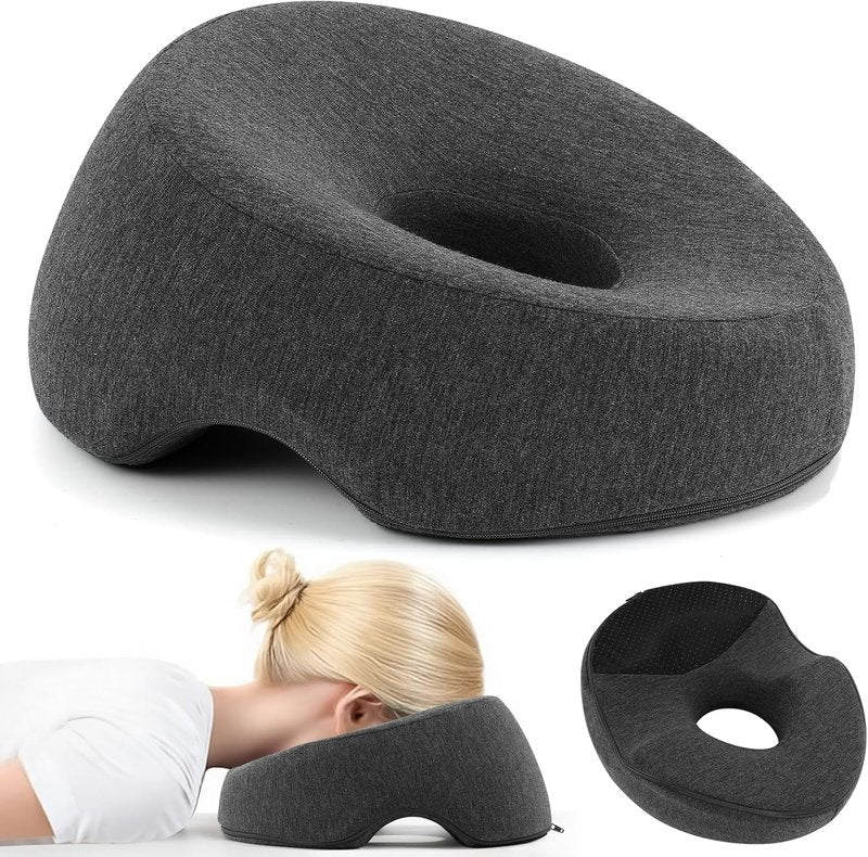 Adjustable Memory Foam Pillow - Face Down Stomach Sleep Headrest with Massage Cushion | Dark Gray, Medium