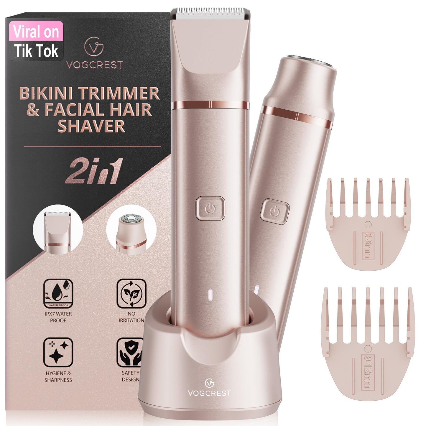 VG VOGCREST Bikini Trimmer for Women: 2-in-1 Rechargeable Electric Painless Body Shaver - Portable Travel-Friendly Pubic Grooming Kit for Underarm Leg Arm