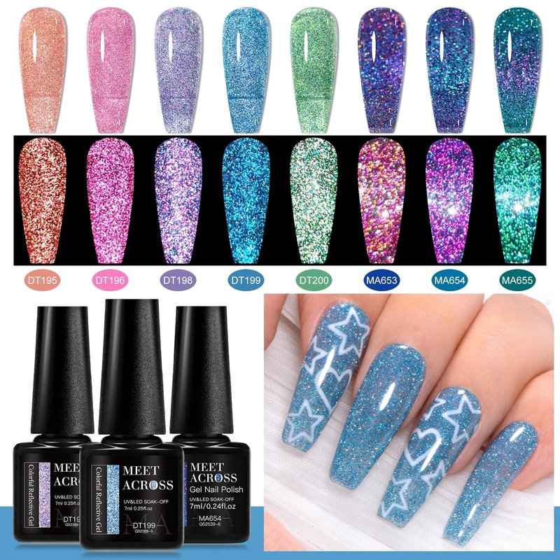 MEET ACROSS 12PCS Gel Nail Polish Set Glitter Gel Polish Pink Blue Purple Green Nail Polish Kit Soak Off Uv/Led Nail Gel DIY Manicure Gift for Her 8 Colors