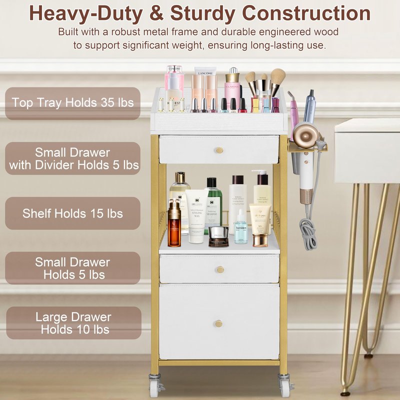 NauwaBarn Makeup Organizer Cart with 3 Drawers, Rolling Vanity Organizer with Adjustable Dividers, Detachable Hair Tool Holder, Lockable Wheels for Small Spaces, Gold & White