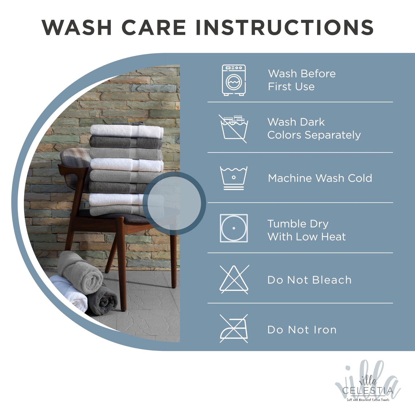 Villa Celestia Cotton Washcloths Set of 6, 12x12 Inch, 100% Ring-Spun Combed Cotton, Soft Absorbent Quick-Dry Wash Cloths for Face and Body, Oeko-TEX Certified, Hotel & Spa Quality, Blue