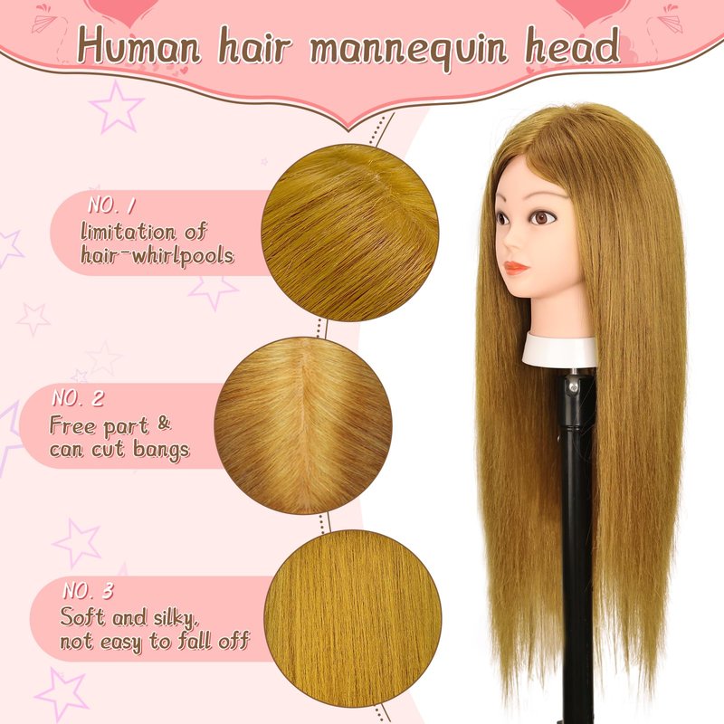 Mannequin Head with 70% Human Hair, 26" Light Brown Real Human Hair Training Head, Manikin Cosmetology Head with Clamp Holder & Tools, Practice Doll Head for Hair Styling, Braiding, Curling, Cutting