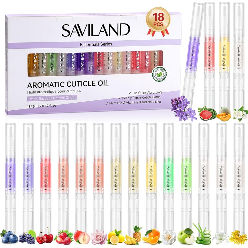 SAVILAND Natural Cuticle Oil Pen: 18 PCS Plant-Based Cuticle Oil for Nails Quick-Absorbing Nail Oil Pen with Vitamin E Deeply Repair Cuticle Softener For Damaged Dry Nails Nourish Skin Nail Care