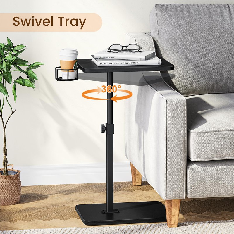 Giikin Side Table, 360 Swivel & Height Adjustable TV Trays for Eating on Couch, Sofa Armrest TV Tray Table with Cup Holder for Small Spaces, C-Shaped, Black, 11.8" D x 15.8" W x 31" H