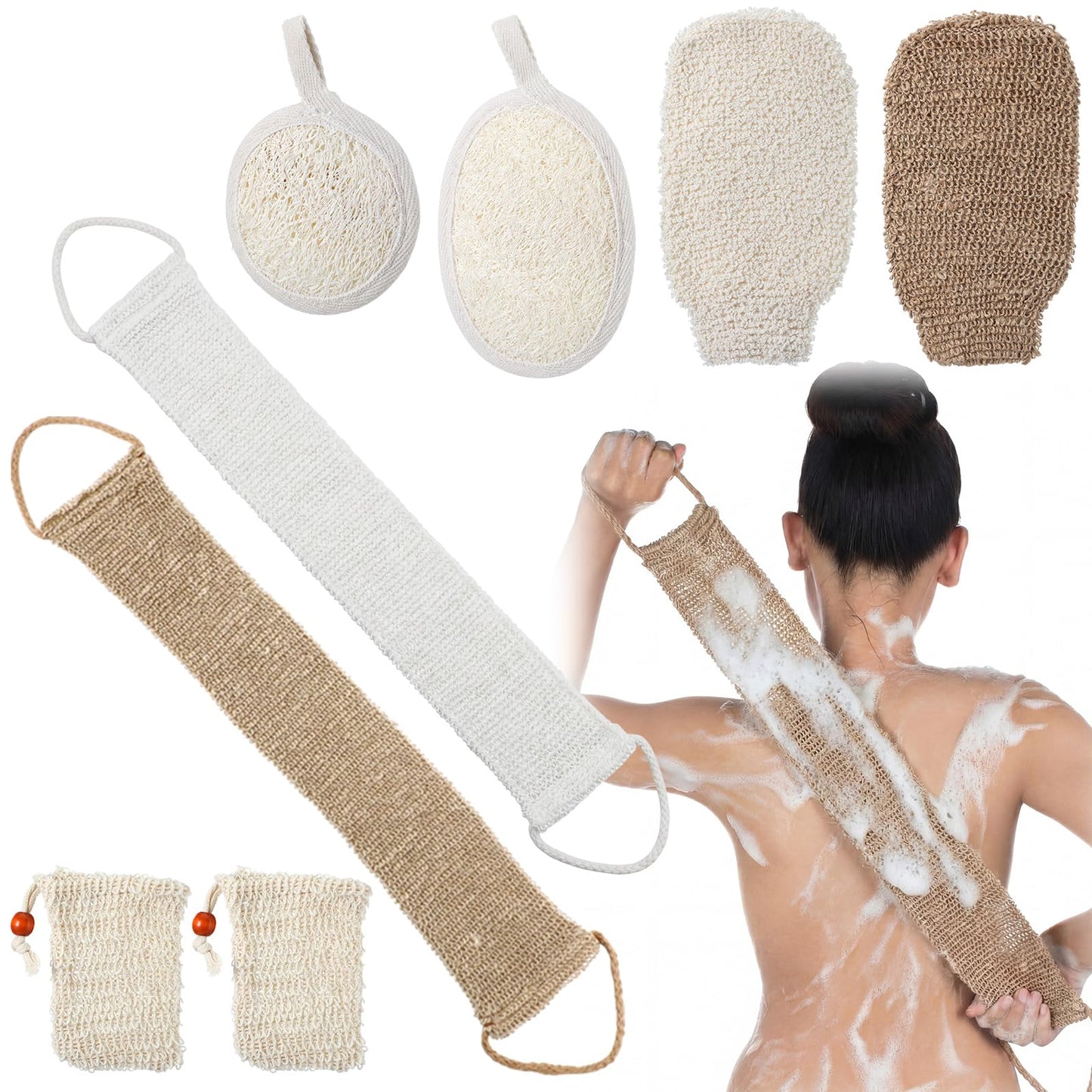 Geelin 8 Pack Natural Loofah Exfoliating Body Scrubber Set Shower Bath Glove Exfoliating Bath Scrubber Luffa Sponge Pads Mitts for Men and Women Body Back Deep Clean Remove Dead Skin