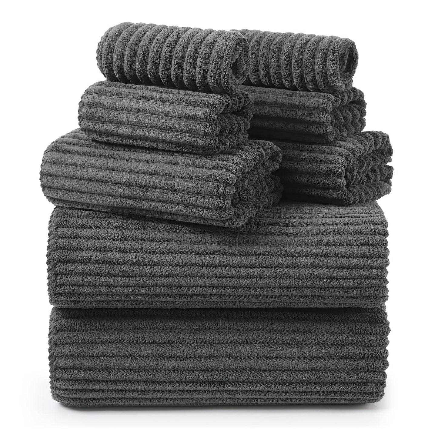 REDKISS Charcoal Gray Bath Towels Set 8 Piece - Microfiber Bathroom Towels of 8 Large, Highly Absorbent Bath Towel, Soft Shower Towel for Bathroom, 2 Bath Sheet 2 Hand 2 Washcloths 2 Hair Towel Wrap