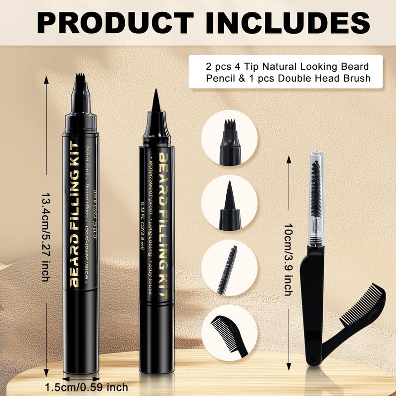 3 PCS Beard Pen Filler for Men - Black 4 Tip Pen for Natural Looking Appearance - 2 Fillers & 1 Double Head Brush - Waterproof Four Fork Eyebrow Pencil Eyeliner (Black)