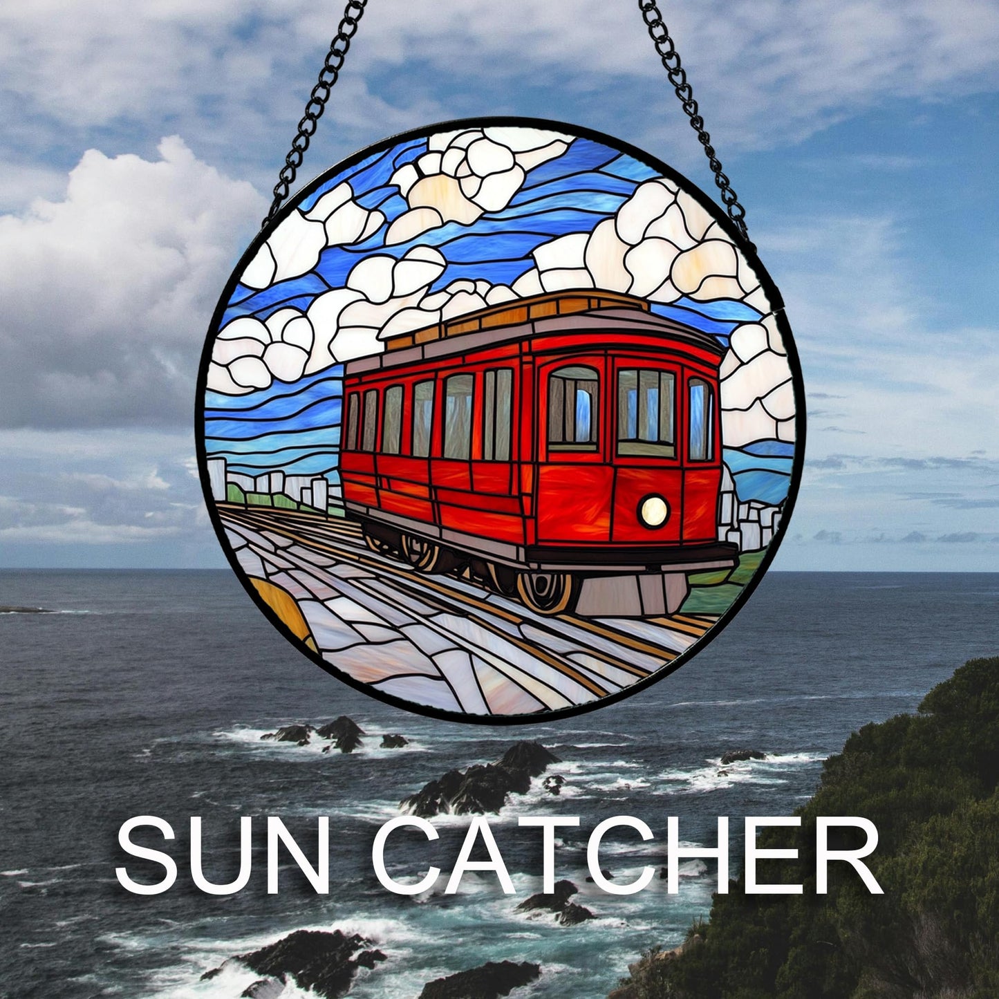 QZQCBLC Stained Glass Window Hanging Red Trams Under Blue Sky White Clouds 6.3" - Suncatcher Door Garden Sun Catcher Home Decor Birthday Christmas for Men Mom Woman Wife Nana