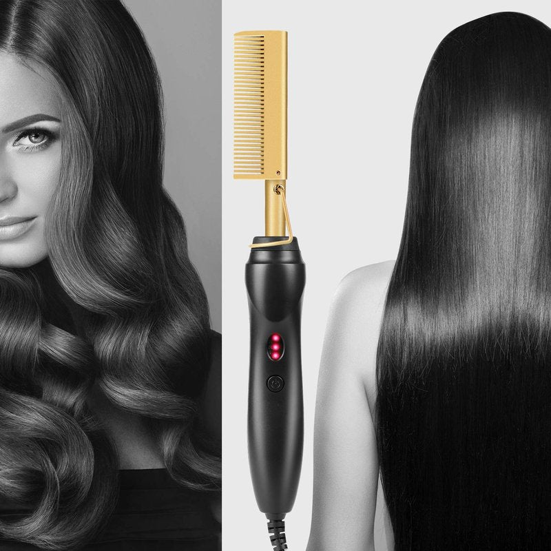 AIHOPESTO Electric Hot Comb Hair Straightener - Heat Pressing Comb Portable Curling Flat Iron Curlers High Heat Ceramic Press Comb - Professional Electrical Straightening Comb