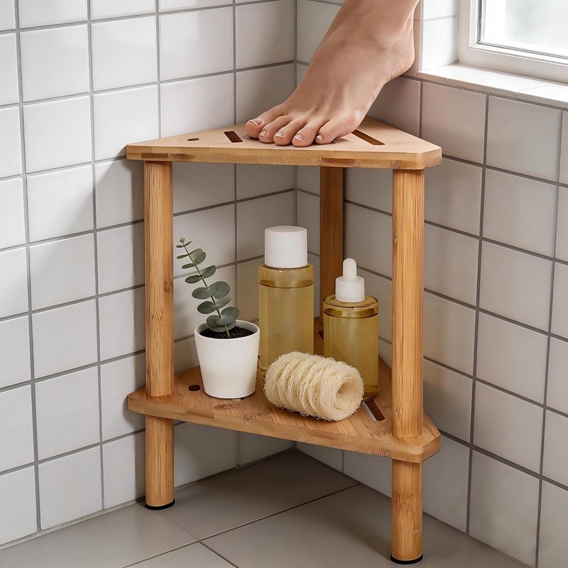 Shower Foot Rest - Waterproof Bamboo Shower Stool for Shaving Legs | 15in Corner Design with Storage Shelf