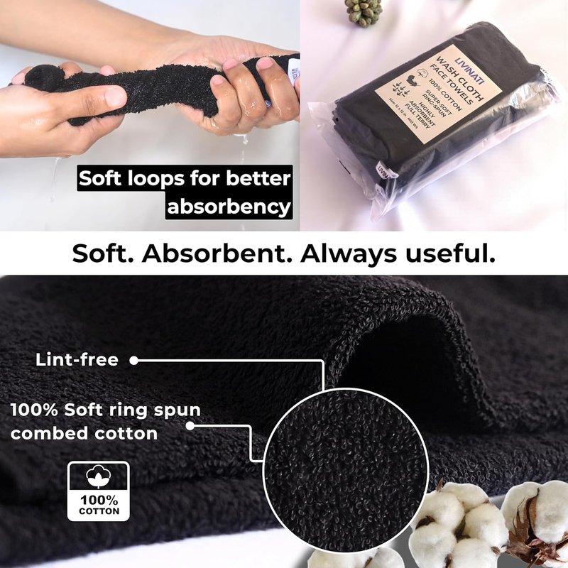 Cotton Wash Cloths - Soft Absorbent 100% Cotton Shower & Face Towels | 12" x 12" | 6 Pack