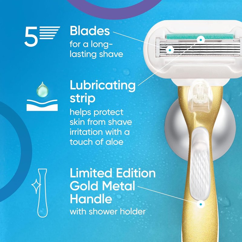Gillette Venus Extra Smooth Women's Razor - Sensitive Gold Handle with 2 Blade Refills & Shower Holder