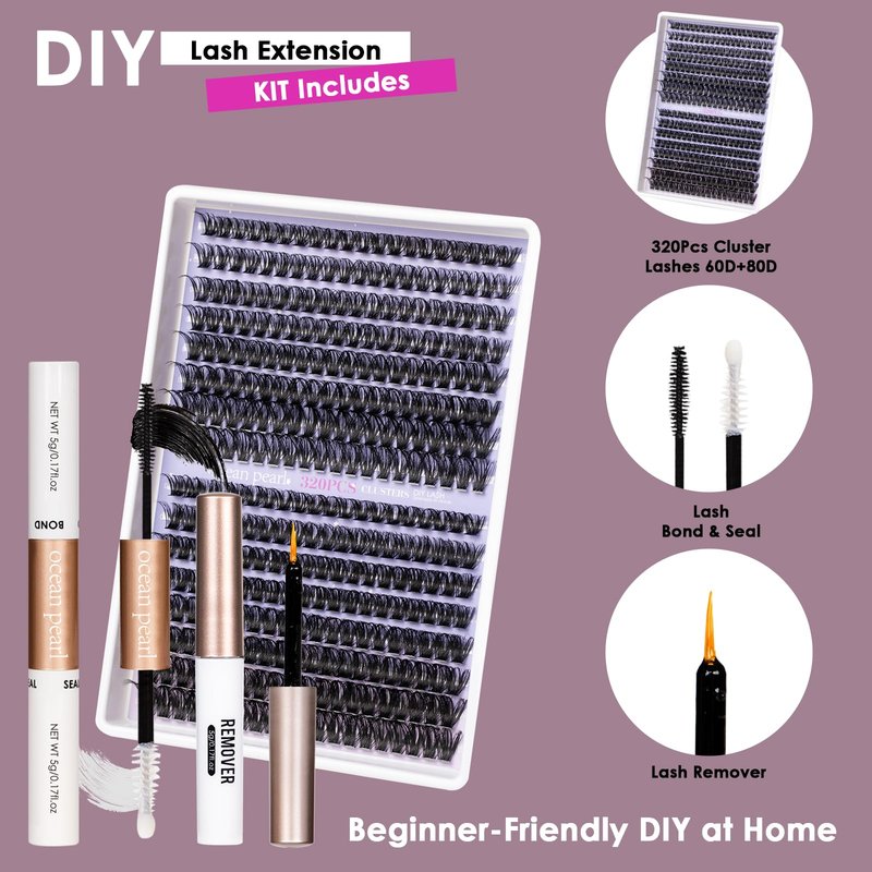 Ocean Pearl Lash Clusters 320pcs 3D Thick Lash Clusters kit 60D+80D Lashes,Eyelashes,Lash Extension Kit,Eyelash Clusters with lash adhesive+sealer+remover+tweezers,Lashes Clusters Eyelash Extensions