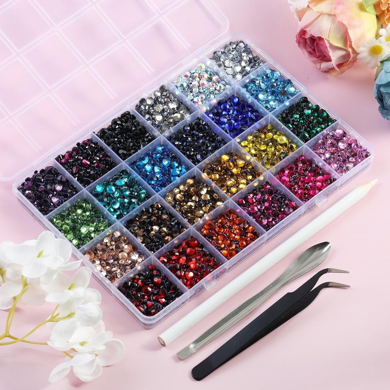 Hotfix Rhinestones - 24 Color Mixed Craft Gems with Tweezers, Wax Pencil & Scoop | Multi-Sized Crystals