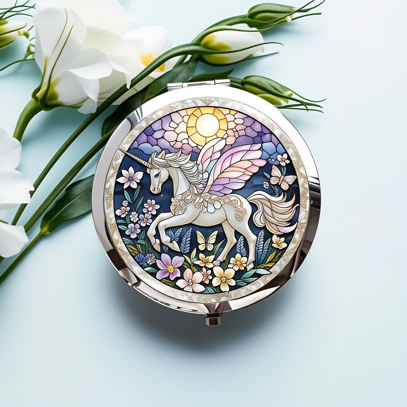 Silver Compact Mirror, 2.8x2.8inch Double-Sided Folding Makeup Mirror with Winged Unicorn Design, Ideal Gift for Women