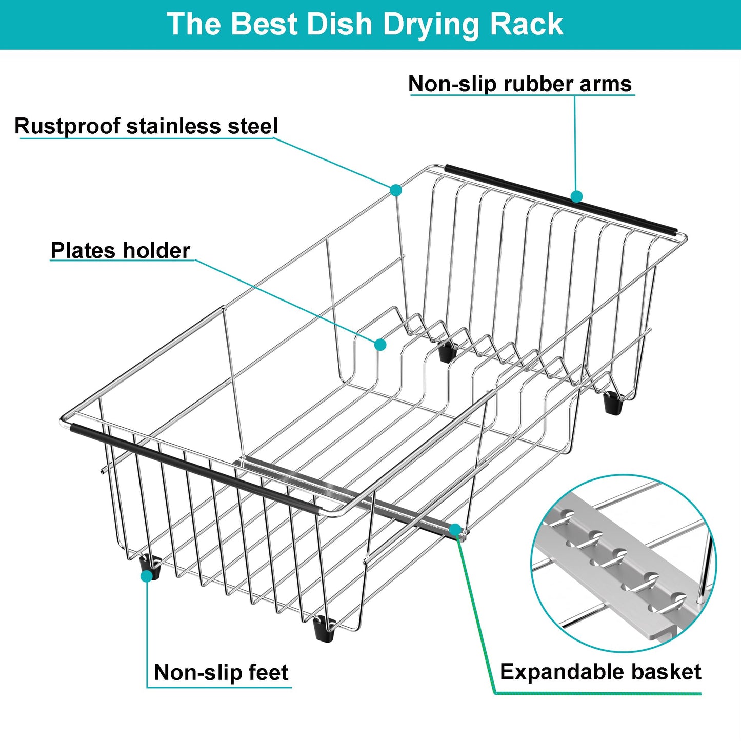 iPEGTOP Capacity Expandable Over Sink Dish Drying Rack, Multifunctional Adjustable (14"-18.5") Rustproof Stainless Steel Dish Drainer Organizer Shelf with Utensil Holder for Kitchen Counter Sink