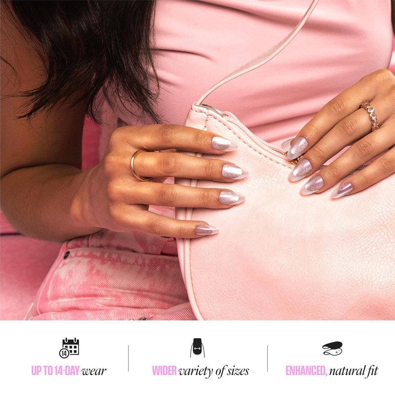 Kiss Glam Press On Nails - Stardust Wonder Pink Almond Shape | 32 Nails, Glue & Manicure Tools Included
