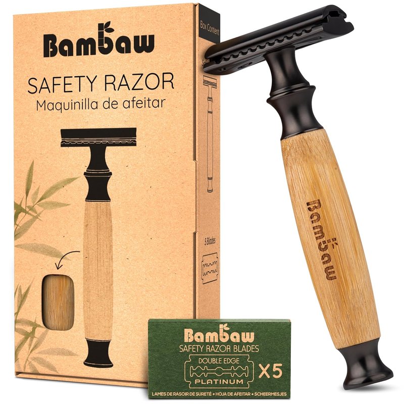 Bambaw Safety Razor - Eco-Friendly Double Edge Razor for Men & Women | Reusable with 5 Blades, Thick Bamboo Black