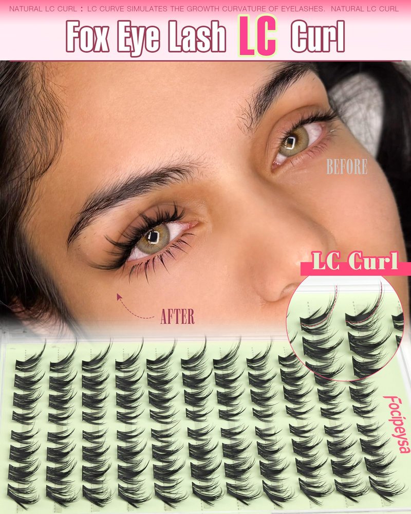 Focipeysa Fox Eye Lash Clusters Cat Eye Lash Clusters Wispy Eyelashes Clusters 10-14mm Eyelash Clusters LC Curl Clusters Lashes that Look Like Extensions DIY Fox Lashes at Home