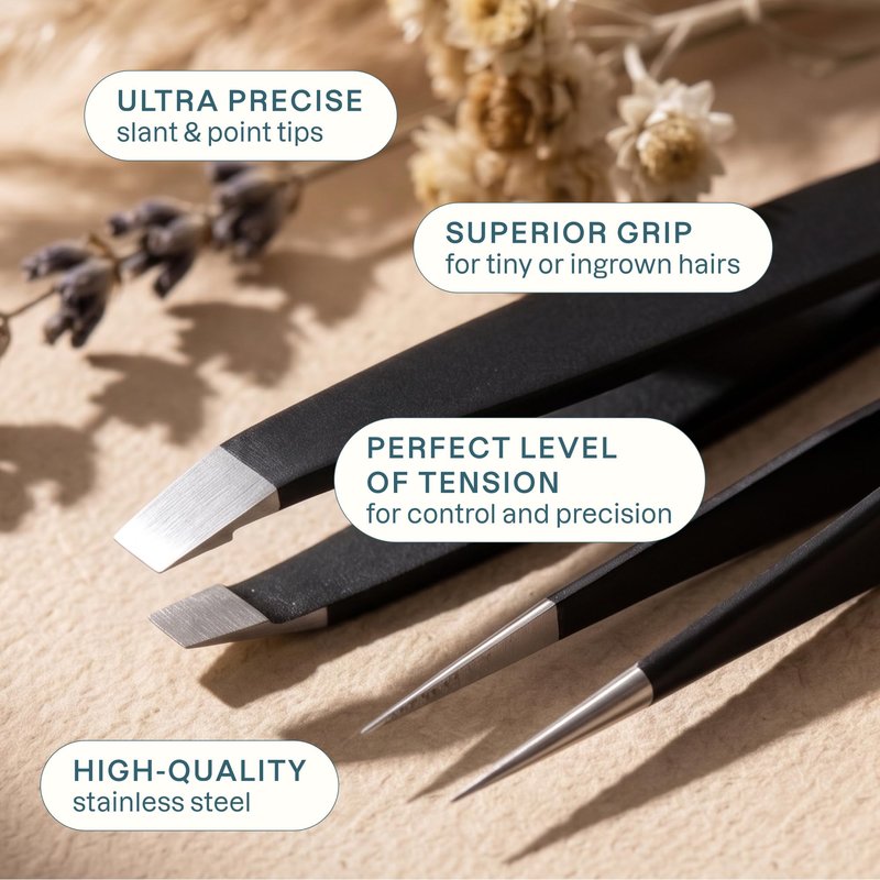 Cliganic Eyebrow Tweezers Set: Slant & Point Precision Tip | For an Easy Hair Removal, Stainless Steel, For Men & Women