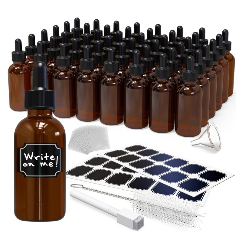 Nevlers Amber Glass Dropper Bottle 2 Oz 48 PK | Leakproof Empty Eye Dropper Bottle Set w/Funnel, Brush, Shrink Wrap, Marker & Labels | Reusable Tincture Bottles with Droppers | Glass Droppers for Oils