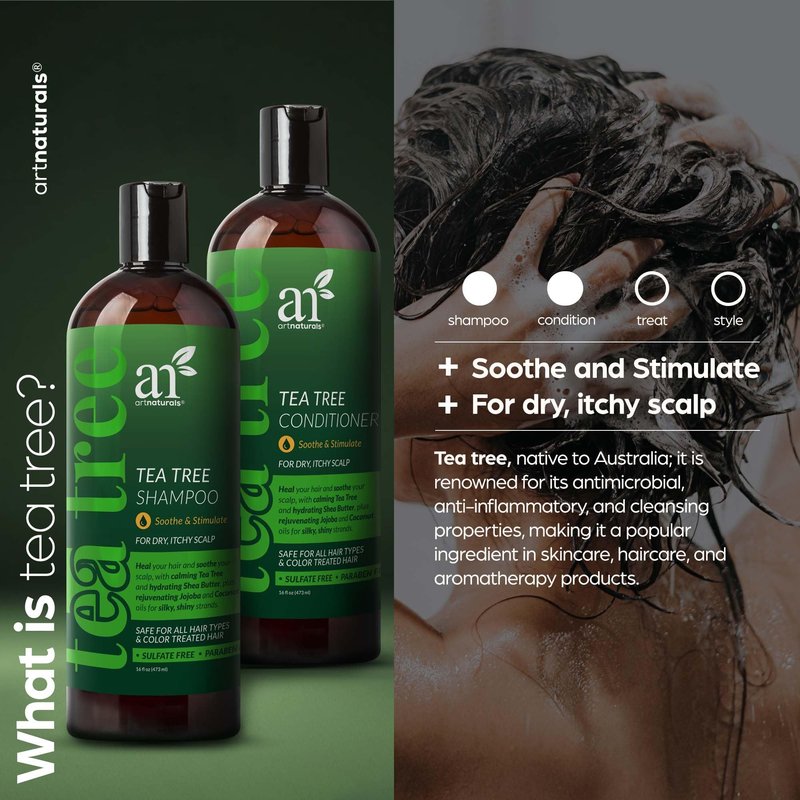 artnaturals Tea Tree Shampoo and Conditioner Set - (2 x 16 Fl Oz / 473ml) – Sulfate Free – Therapeutic Grade Tea Tree Essential Oil - Deep Cleansing for Dandruff, Lice, Dry Scalp and Itchy Hair