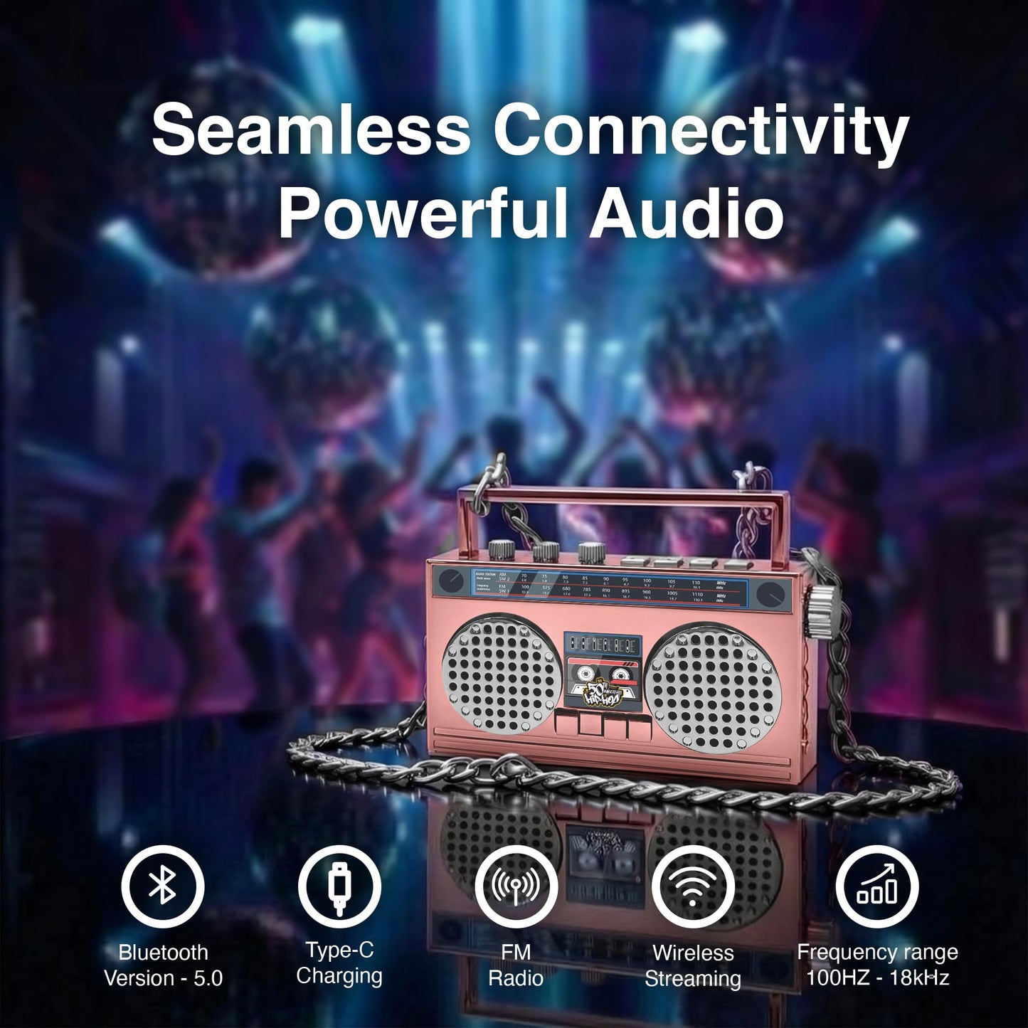 Portable Bluetooth Speakers, Retro Speakers Bluetooth Wireless Wearable Mini Bluetooth Boombox with 27” Neck Chain, FM Radio, On-Board Buttons, Dual 3W Peak Power Bluetooth Speaker for Home & Travel