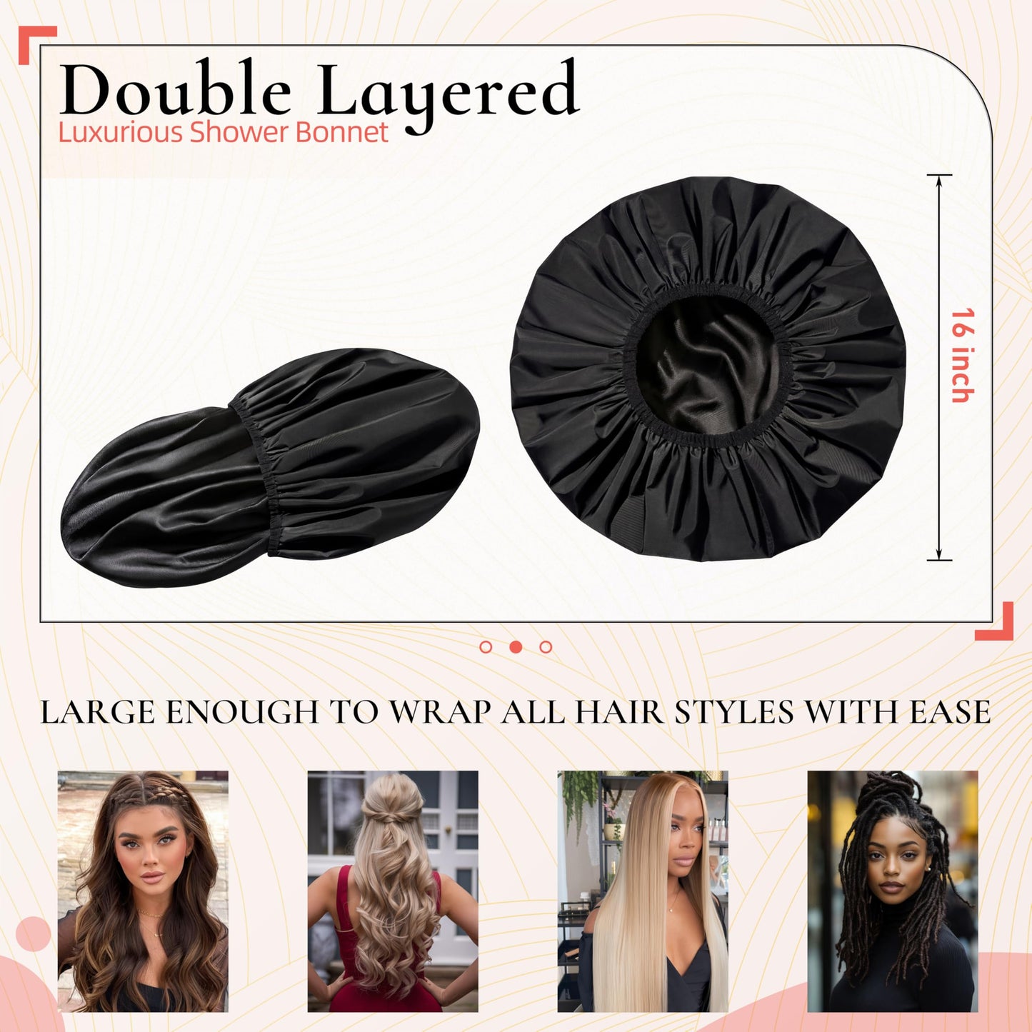 Extra Large Shower Cap for Women, Reusable Waterproof Shower Bonnet with Satin Lining, Double Layer Washable Bath Hair Cap for Braids, Locs, Long Thick Curly Hair, Natural Hair(Big Black)