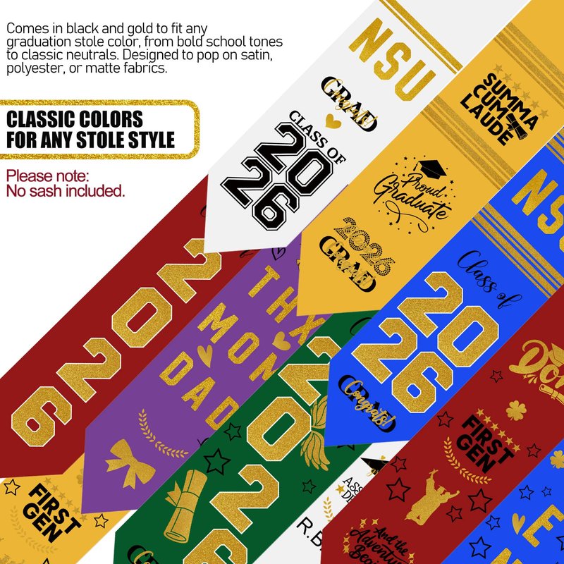 Graduation Stole Sash Class of 2026 Decorations DIY Customize Graduation Stole Graduation Sash Personalized Iron-On Decals Heat Transfer Vinyl HTV Cutouts Set
