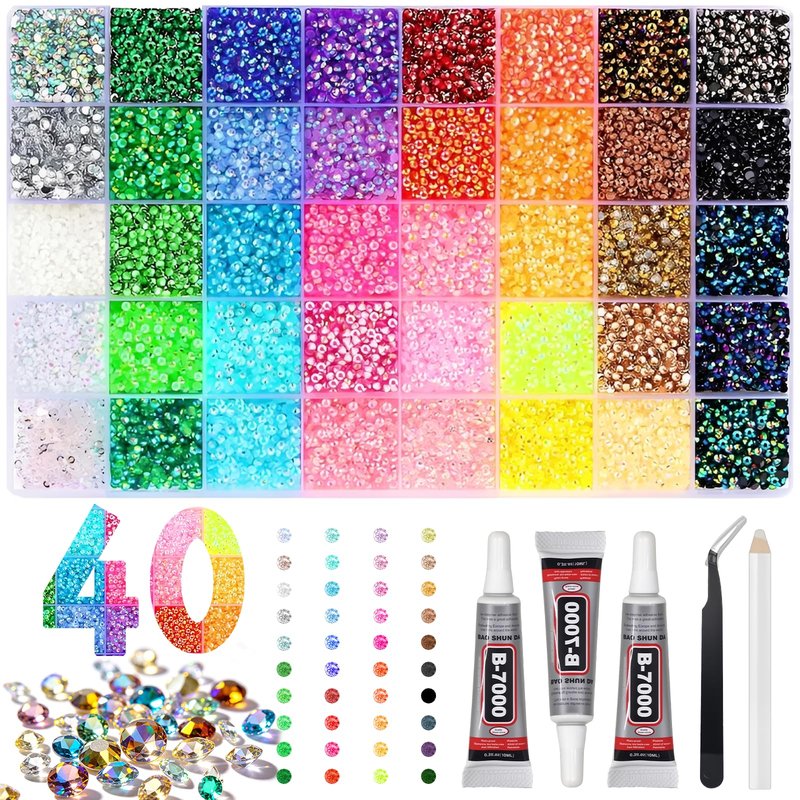 IKKAB 32000PCS 3mm Flatback Rhinestones for Bedazzling, 40 Colors Bedazzling Kit with Storage Box, 3 B7000 Glue, Tweezers & Pick Up Pen, Bedazzler Kit with Rhinestones for Crafts, Clothes, Shoes DIY
