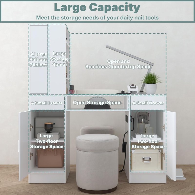 Nail Tech Manicure Table - Glass Top & Wrist Rest | Spacious Storage, Power Outlets, White