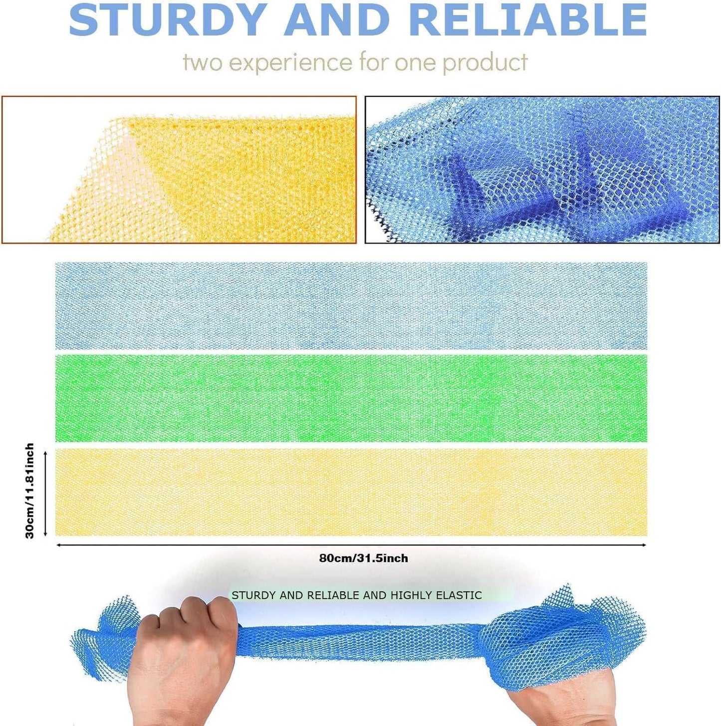 UJFQBH African Exfoliating Net Bath Sponge Set - 3 Pieces for Smooth Skin | Yellow, Green, Blue