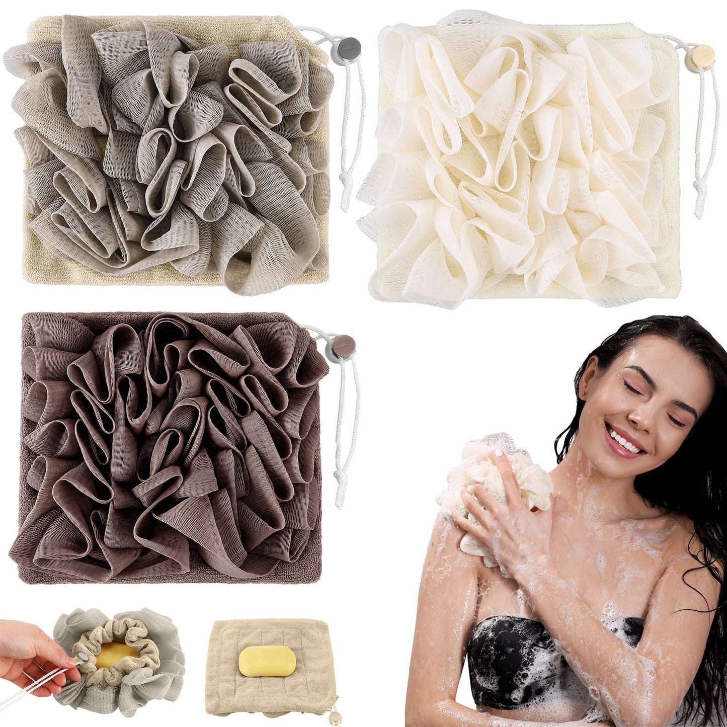 Swiffen 3 Pcs Washcloth Loofah Combo, 2 in 1 Bath Loofah Sponge with Drawstring, Exfoliation Mesh Shower Puff Ball for Body Wash Cleansing and Smooth Skin (Grey Coffee Beige)